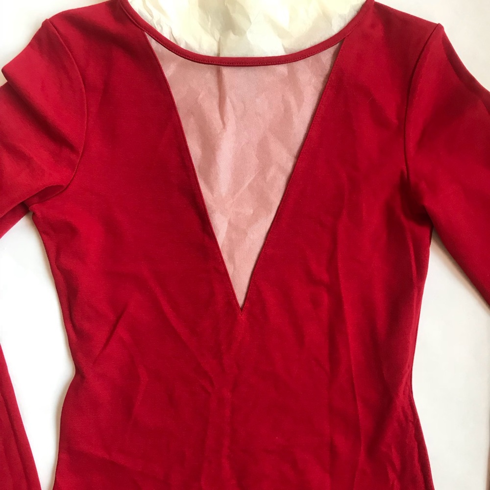 Red Bodycon w/Deep Mesh Front V-Neck NWT